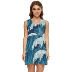 Waves Ocean Sea Pattern Water Tsunami Rough Seas Tiered Sleeveless Mini Dress by Wegoenart