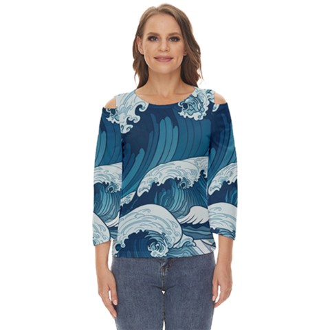 Waves Ocean Sea Pattern Water Tsunami Rough Seas Cut Out Wide Sleeve Top by Wegoenart