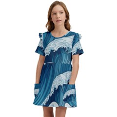 Waves Ocean Sea Pattern Water Tsunami Rough Seas Kids  Frilly Sleeves Pocket Dress by Wegoenart