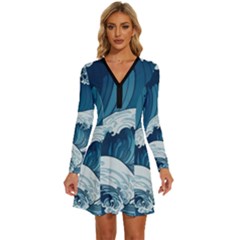 Waves Ocean Sea Pattern Water Tsunami Rough Seas Long Sleeve Deep V Mini Dress  by Wegoenart