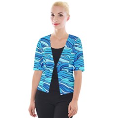 Pattern Ocean Waves Blue Nature Sea Abstract Cropped Button Cardigan by Wegoenart