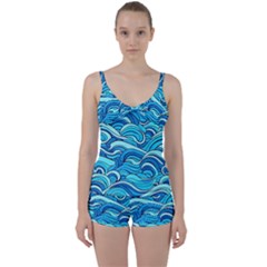 Pattern Ocean Waves Blue Nature Sea Abstract Tie Front Two Piece Tankini by Wegoenart