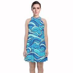 Pattern Ocean Waves Blue Nature Sea Abstract Velvet Halter Neckline Dress  by Wegoenart