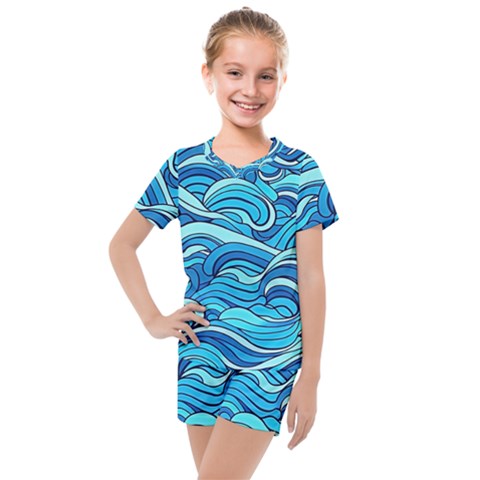 Pattern Ocean Waves Blue Nature Sea Abstract Kids  Mesh Tee And Shorts Set by Wegoenart