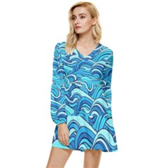 Pattern Ocean Waves Blue Nature Sea Abstract Tiered Long Sleeve Mini Dress by Wegoenart