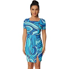 Pattern Ocean Waves Blue Nature Sea Abstract Fitted Knot Split End Bodycon Dress by Wegoenart