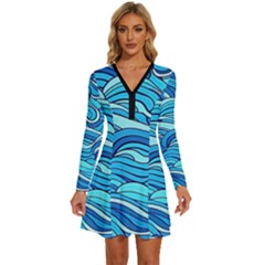 Pattern Ocean Waves Blue Nature Sea Abstract Long Sleeve Deep V Mini Dress  by Wegoenart