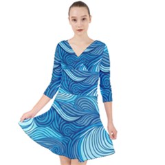 Ocean Waves Sea Abstract Pattern Water Blue Quarter Sleeve Front Wrap Dress by Wegoenart