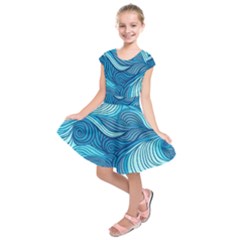 Ocean Waves Sea Abstract Pattern Water Blue Kids  Short Sleeve Dress by Wegoenart