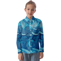 Ocean Waves Sea Abstract Pattern Water Blue Kids  Long Sleeve Shirt by Wegoenart