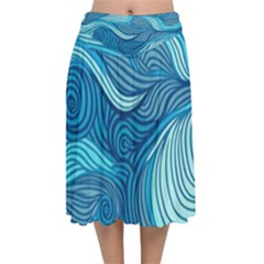 Ocean Waves Sea Abstract Pattern Water Blue Velvet Flared Midi Skirt by Wegoenart