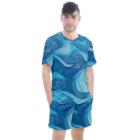 Ocean Waves Sea Abstract Pattern Water Blue Men s Mesh Tee And Shorts Set by Wegoenart