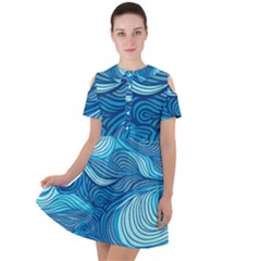 Ocean Waves Sea Abstract Pattern Water Blue Short Sleeve Shoulder Cut Out Dress  by Wegoenart