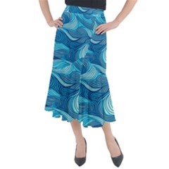 Ocean Waves Sea Abstract Pattern Water Blue Midi Mermaid Skirt by Wegoenart