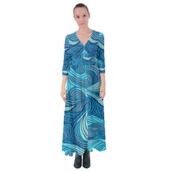 Ocean Waves Sea Abstract Pattern Water Blue Button Up Maxi Dress by Wegoenart