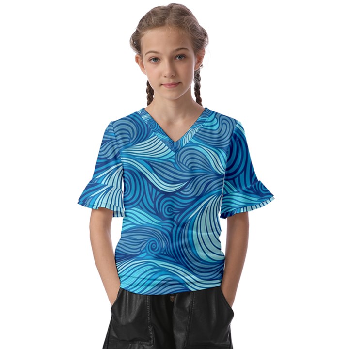 Ocean Waves Sea Abstract Pattern Water Blue Kids  V-Neck Horn Sleeve Blouse