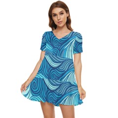 Ocean Waves Sea Abstract Pattern Water Blue Tiered Short Sleeve Babydoll Dress by Wegoenart