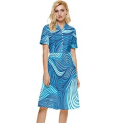 Ocean Waves Sea Abstract Pattern Water Blue Button Top Knee Length Dress by Wegoenart