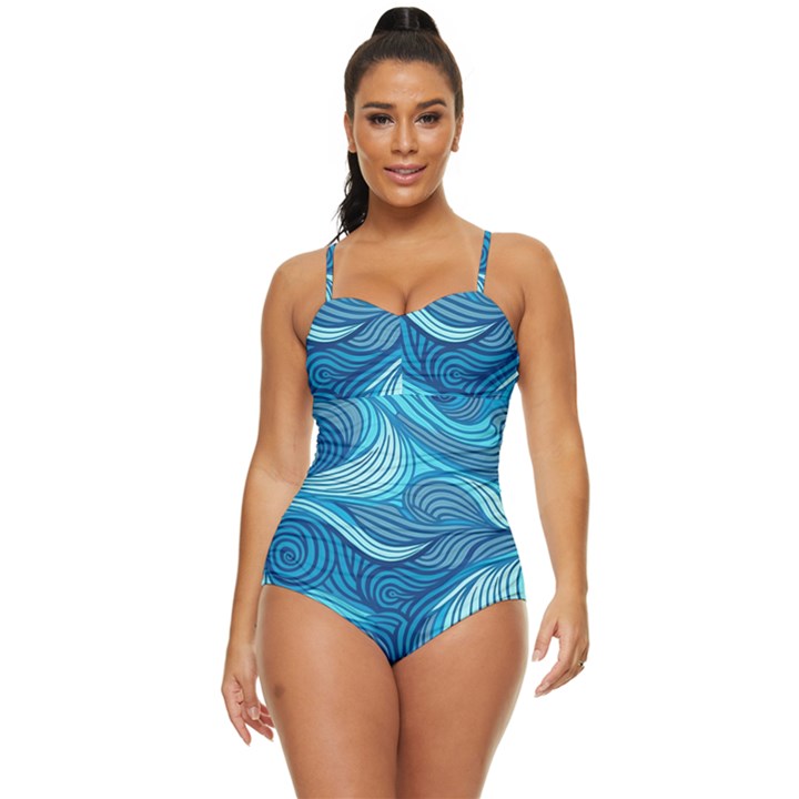 Ocean Waves Sea Abstract Pattern Water Blue Retro Full Coverage Swimsuit