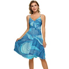 Ocean Waves Sea Abstract Pattern Water Blue Sleeveless Tie Front Chiffon Dress by Wegoenart