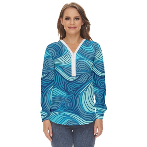 Ocean Waves Sea Abstract Pattern Water Blue Zip Up Long Sleeve Blouse by Wegoenart