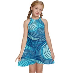 Ocean Waves Sea Abstract Pattern Water Blue Kids  Halter Collar Waist Tie Chiffon Dress by Wegoenart