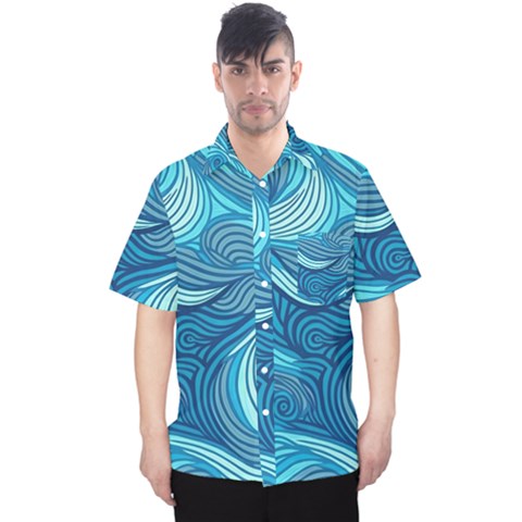 Ocean Waves Sea Abstract Pattern Water Blue Men s Hawaii Shirt by Wegoenart