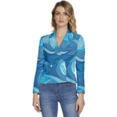 Ocean Waves Sea Abstract Pattern Water Blue Women s Long Sleeve Revers Collar Cropped Jacket by Wegoenart