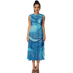 Ocean Waves Sea Abstract Pattern Water Blue Sleeveless Round Neck Midi Dress by Wegoenart