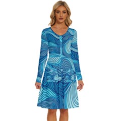 Ocean Waves Sea Abstract Pattern Water Blue Long Sleeve Dress With Pocket by Wegoenart