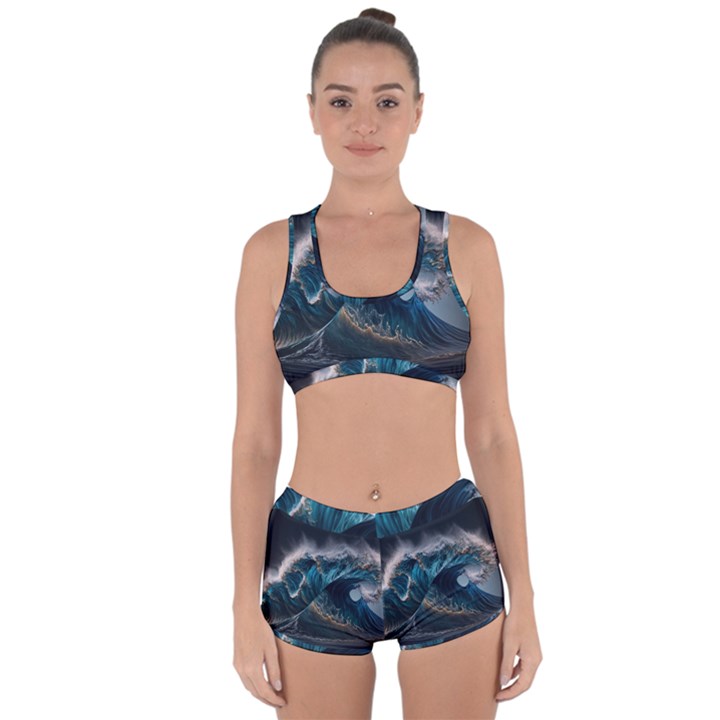 Tsunami Waves Ocean Sea Water Rough Seas Nature Racerback Boyleg Bikini Set