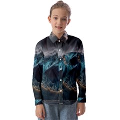 Tsunami Waves Ocean Sea Water Rough Seas Nature Kids  Long Sleeve Shirt by Wegoenart