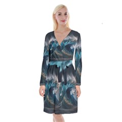 Tsunami Waves Ocean Sea Water Rough Seas Nature Long Sleeve Velvet Front Wrap Dress by Wegoenart