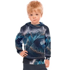 Tsunami Waves Ocean Sea Water Rough Seas Nature Kids  Hooded Pullover by Wegoenart