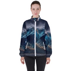 Tsunami Waves Ocean Sea Water Rough Seas Nature Women s High Neck Windbreaker by Wegoenart