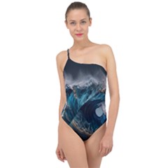 Tsunami Waves Ocean Sea Water Rough Seas Nature Classic One Shoulder Swimsuit by Wegoenart