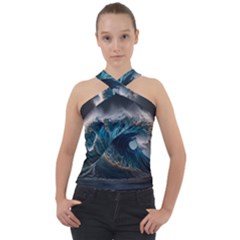 Tsunami Waves Ocean Sea Water Rough Seas Nature Cross Neck Velour Top