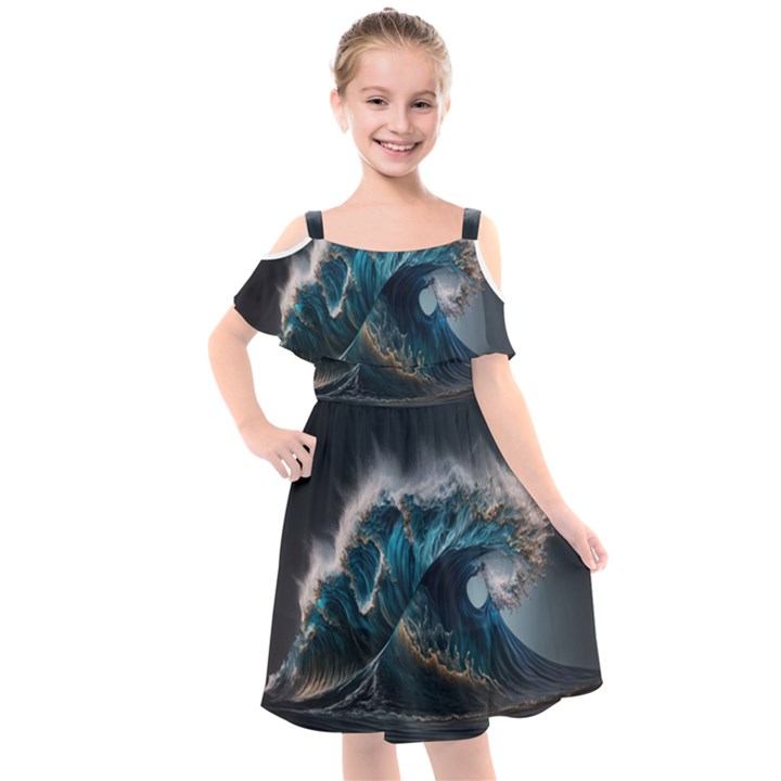 Tsunami Waves Ocean Sea Water Rough Seas Nature Kids  Cut Out Shoulders Chiffon Dress