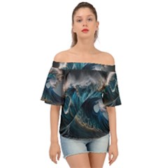 Tsunami Waves Ocean Sea Water Rough Seas Nature Off Shoulder Short Sleeve Top by Wegoenart