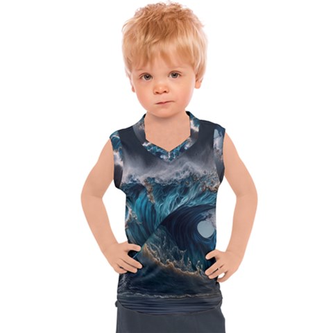 Tsunami Waves Ocean Sea Water Rough Seas Nature Kids  Sport Tank Top by Wegoenart