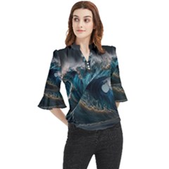 Tsunami Waves Ocean Sea Water Rough Seas Nature Loose Horn Sleeve Chiffon Blouse