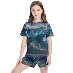 Tsunami Waves Ocean Sea Water Rough Seas Nature Kids  Tee And Sports Shorts Set by Wegoenart