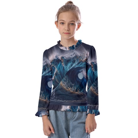 Tsunami Waves Ocean Sea Water Rough Seas Nature Kids  Frill Detail Tee by Wegoenart