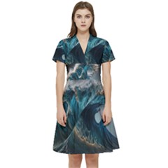 Tsunami Waves Ocean Sea Water Rough Seas Nature Short Sleeve Waist Detail Dress by Wegoenart