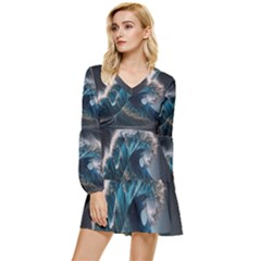 Tsunami Waves Ocean Sea Water Rough Seas Nature Tiered Long Sleeve Mini Dress by Wegoenart