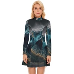 Tsunami Waves Ocean Sea Water Rough Seas Nature Long Sleeve Velour Longline Dress by Wegoenart