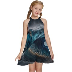 Tsunami Waves Ocean Sea Water Rough Seas Nature Kids  Halter Collar Waist Tie Chiffon Dress by Wegoenart