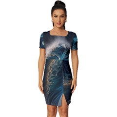 Tsunami Waves Ocean Sea Water Rough Seas Nature Fitted Knot Split End Bodycon Dress by Wegoenart