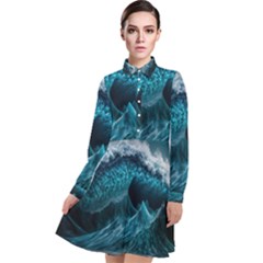 Tsunami Waves Ocean Sea Water Rough Seas Blue Long Sleeve Chiffon Shirt Dress by Wegoenart