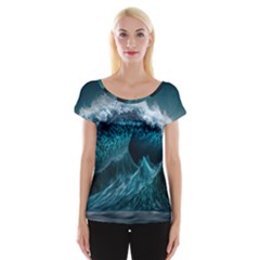 Tsunami Waves Ocean Sea Water Rough Seas Blue Cap Sleeve Top by Wegoenart